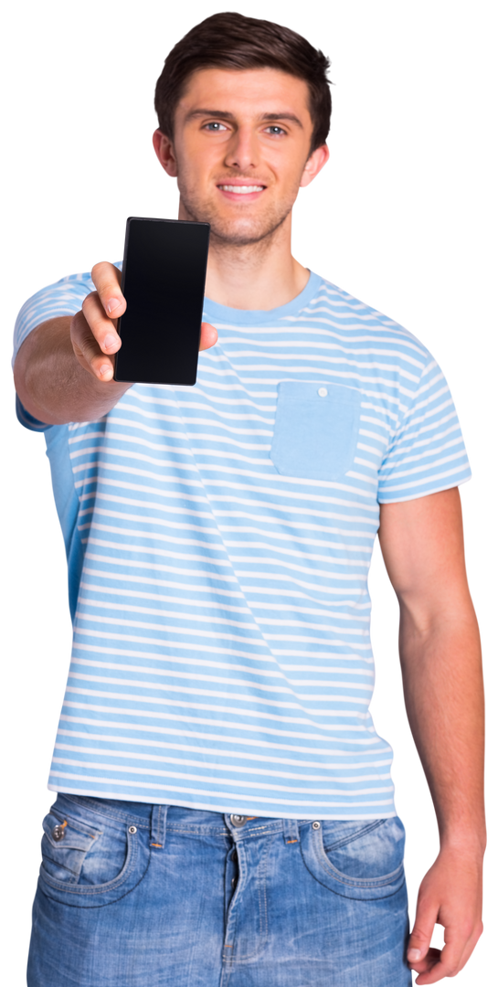 Smiling young man showing smartphone, transparent background, blue stripes shirt - Download Free Stock Images Pikwizard.com