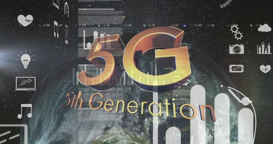 5G Technology and Icons Over Spinning Globe with Digital Overlay