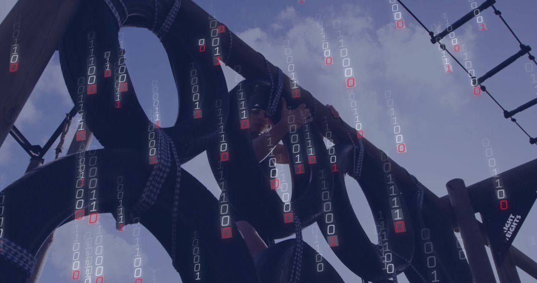 Climbing Fit Woman Navigating Obstacle Course with Binary Code Overlay