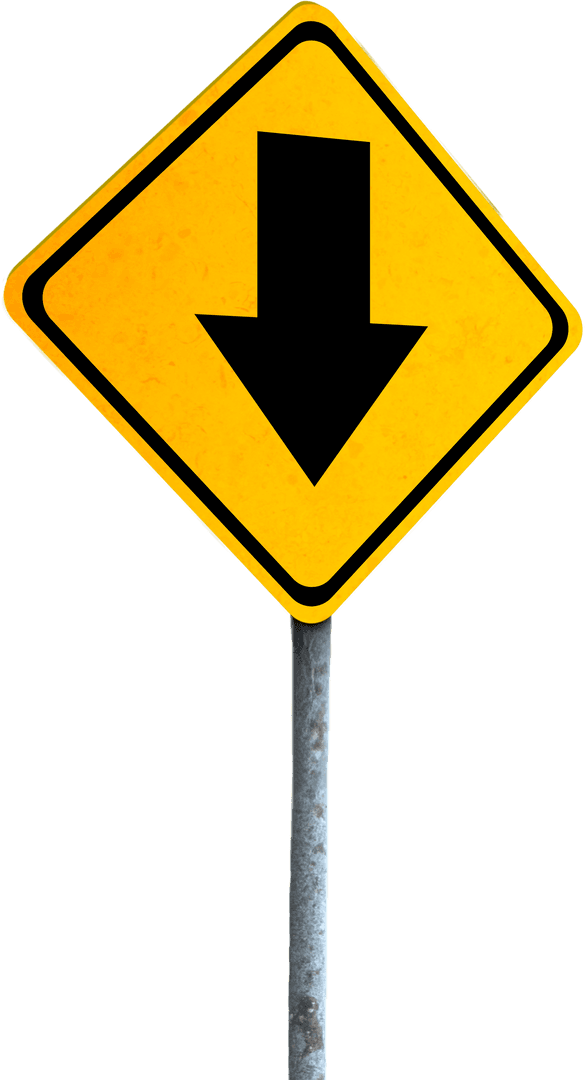 Yellow Road Sign with Downward Arrow on Transparent Background