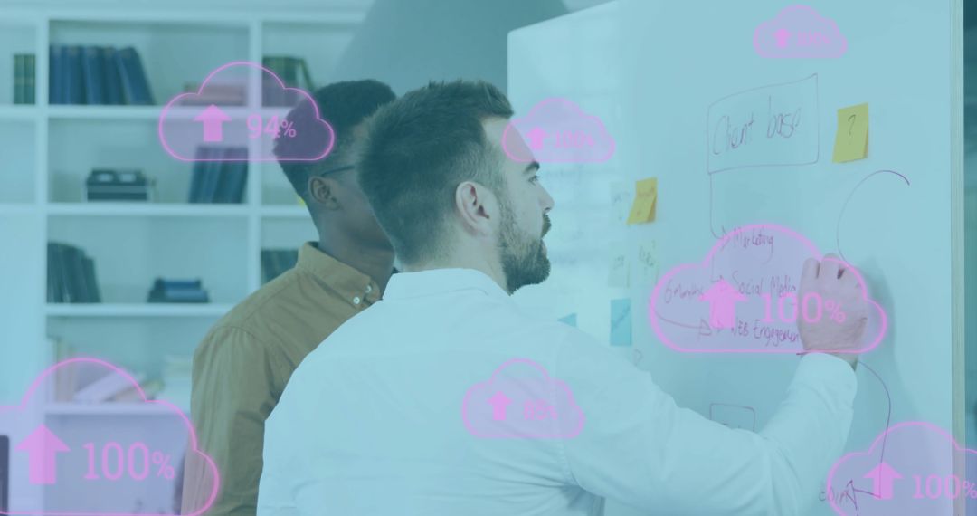 Diverse Team Discussing Cloud Computing on Whiteboard