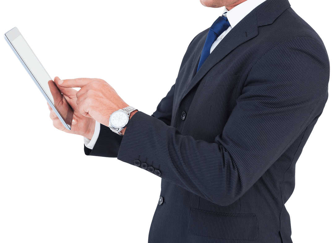 Businessman in Suit Using Transparent Digital Tablet