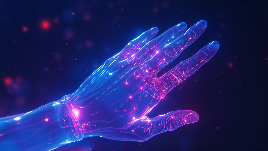 Holographic Hand with Neon Circuits in Futuristic Digital Landscape