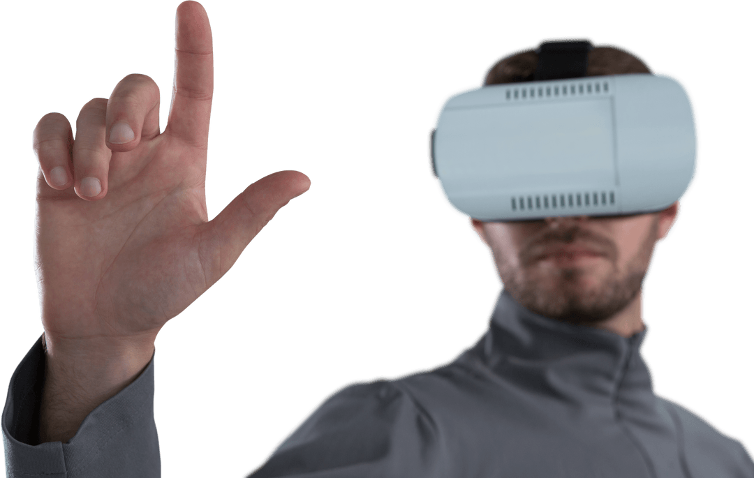 Man Interacting with Virtual Reality Wearing Transparent Headset