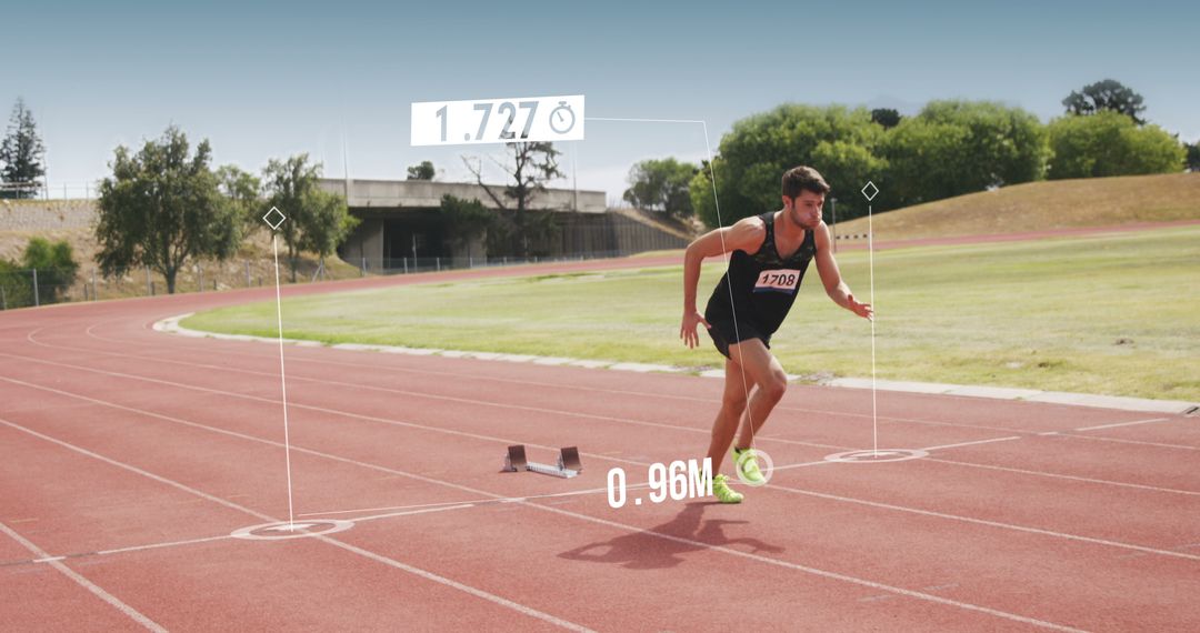 Young Athlete Sprinting with Performance Metrics Displayed