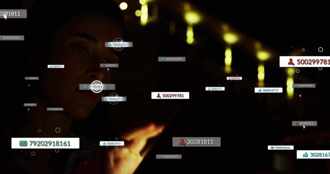 Holding Smartphone, Woman Tapping Floating Numeric Data Tags on Dark Urban Interface