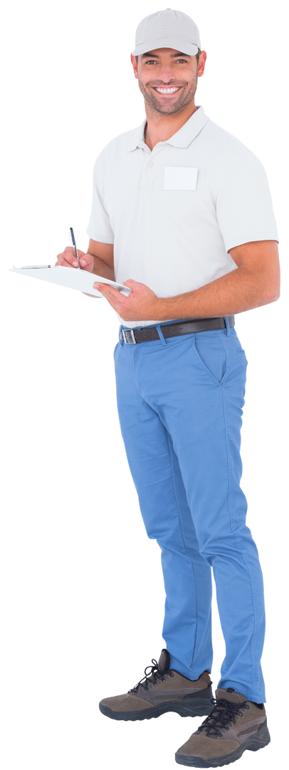 Transparent Background Postman Smiling with Clipboard