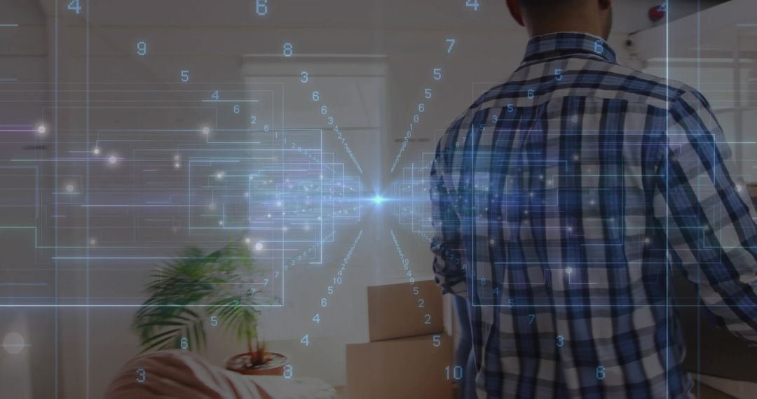 Digital Overlay on Modern Home with Moving Boxes and Man in Plaid Shirt