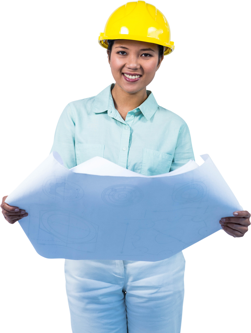 Transparent Engineer Holding Blueprints Smiling with Yellow Safety Helmet - Download Free Stock Images Pikwizard.com