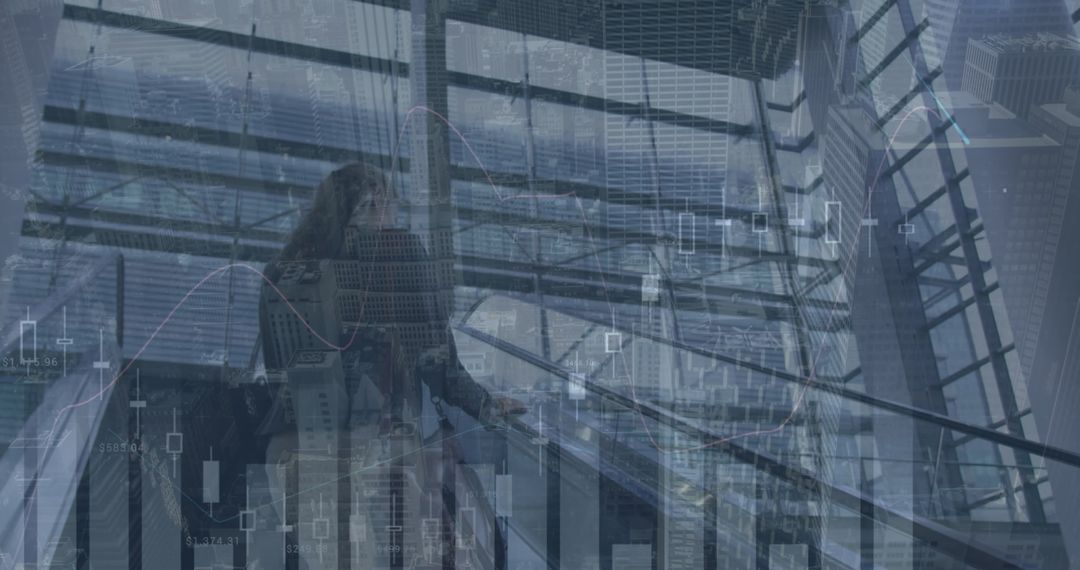 Caucasian Businesswoman With Digital Data Overlays in Modern Office