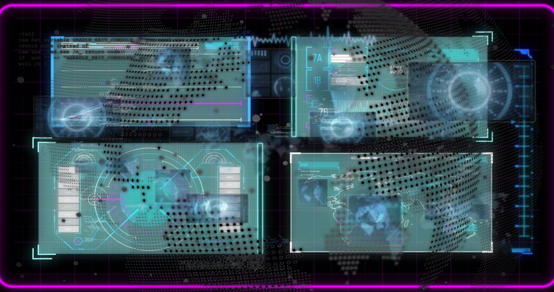 Displaying holographic quad HUD dashboard with neon grid and global data panels