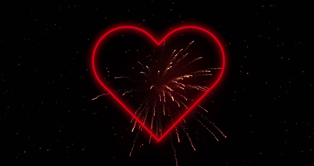 Glowing Neon Heart with Red Fireworks in Romantic Night Sky