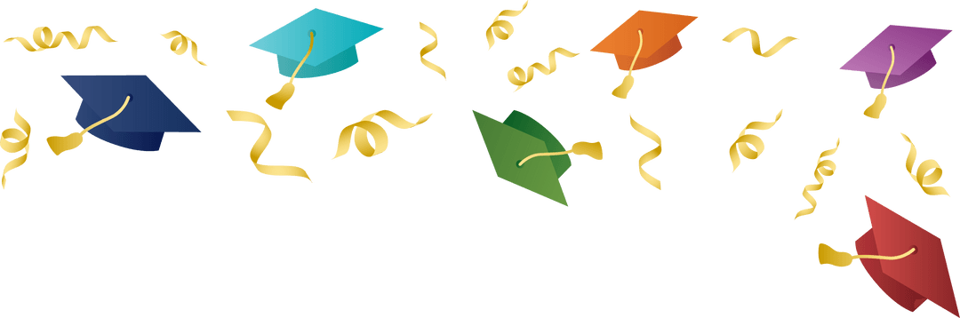 Colorful Graduation Caps with Confetti on Transparent Background