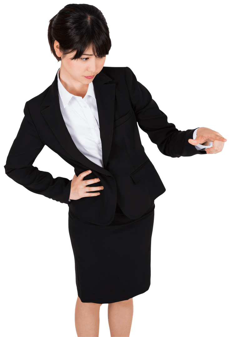 Asian Businesswoman in Focused Pointing Pose Transparent