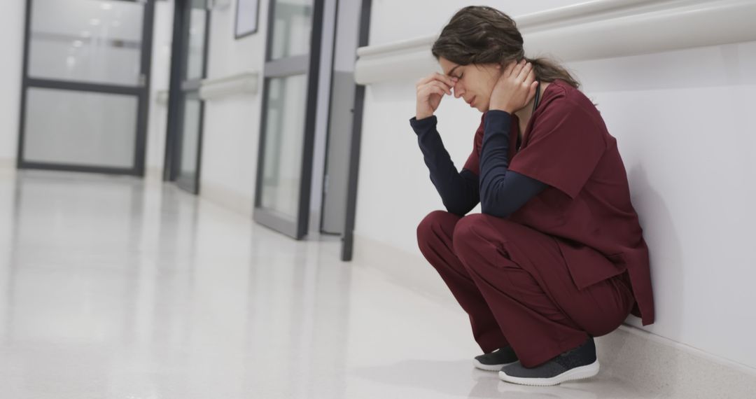 Overwhelmed Healthcare Worker Sitting in Corridor Taking Break - Free Images, Stock Photos and Pictures on Pikwizard.com