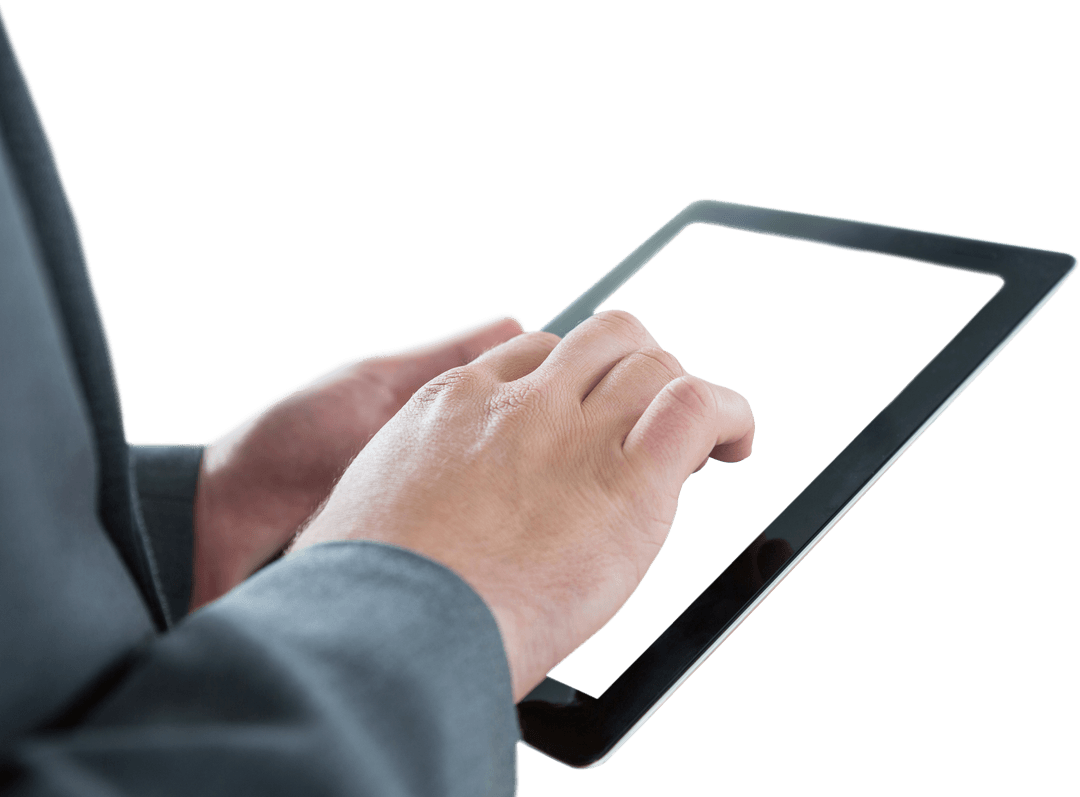 Transparent Tablet Use by Businessman In Gray Suit