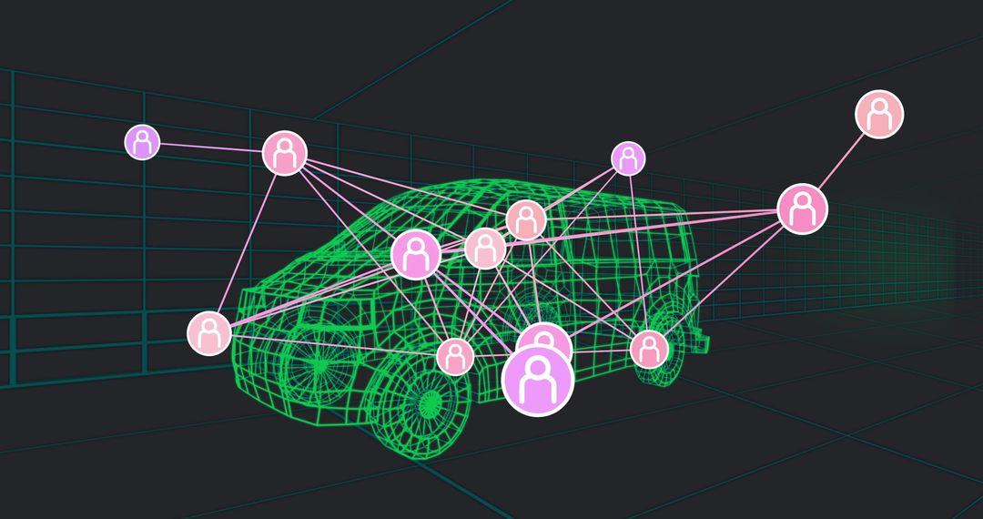 Futuristic Wireframe Van with Digital Network Nodes