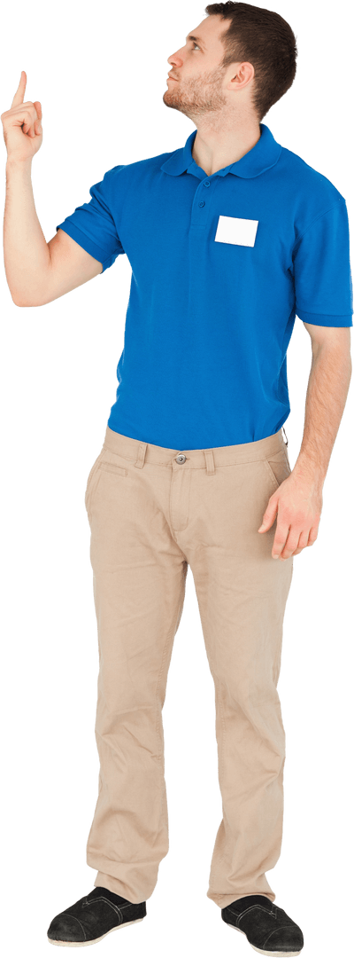 Young Salesman Pointing Upward in Blue Polo