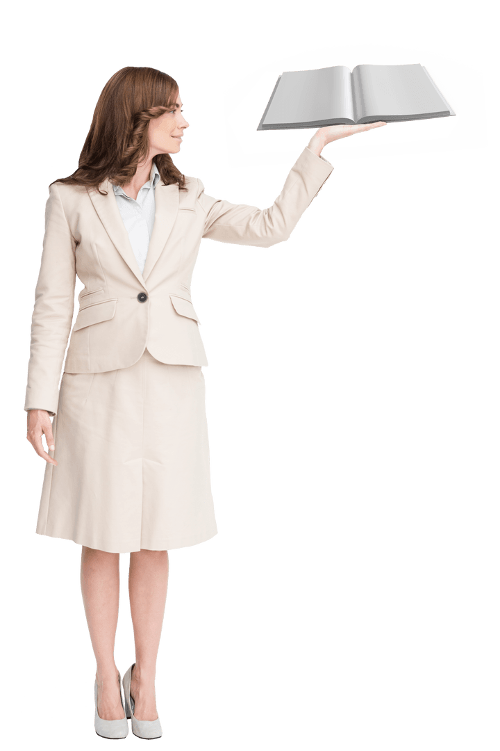 Businesswoman Holding Open Book on Transparent Background for Education Concept