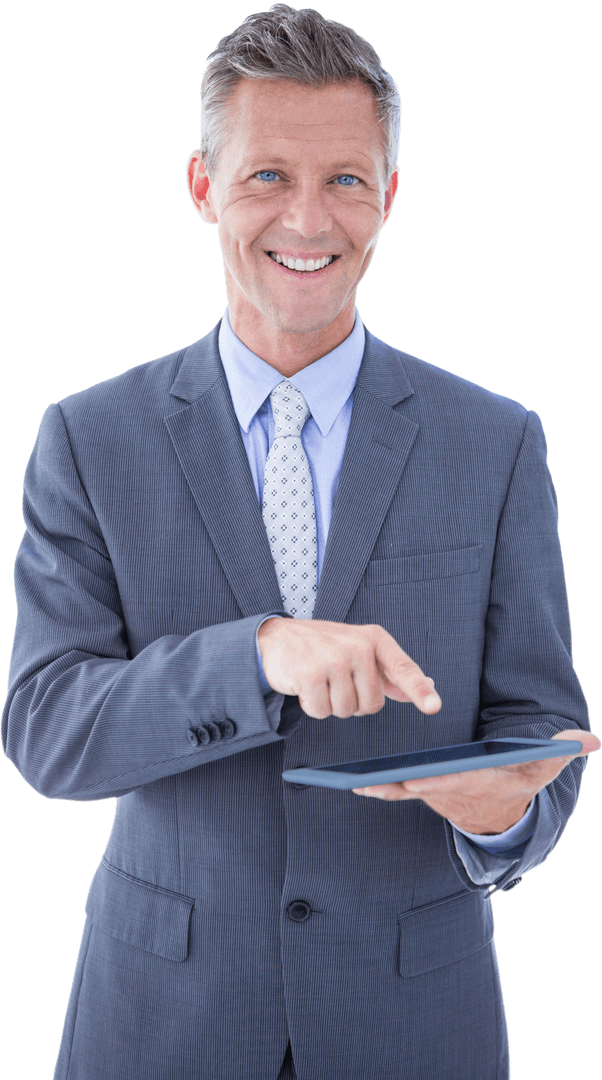 Smiling Businessman Using Tablet on Transparent Background