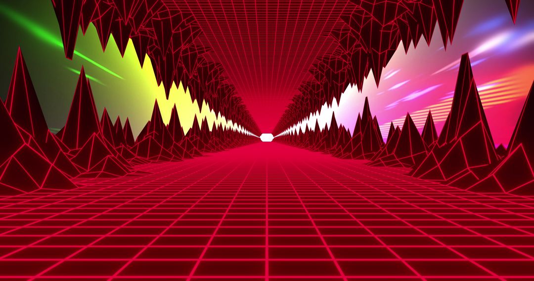Vibrant Retro Futuristic Tunnel with Grid and Light Trails