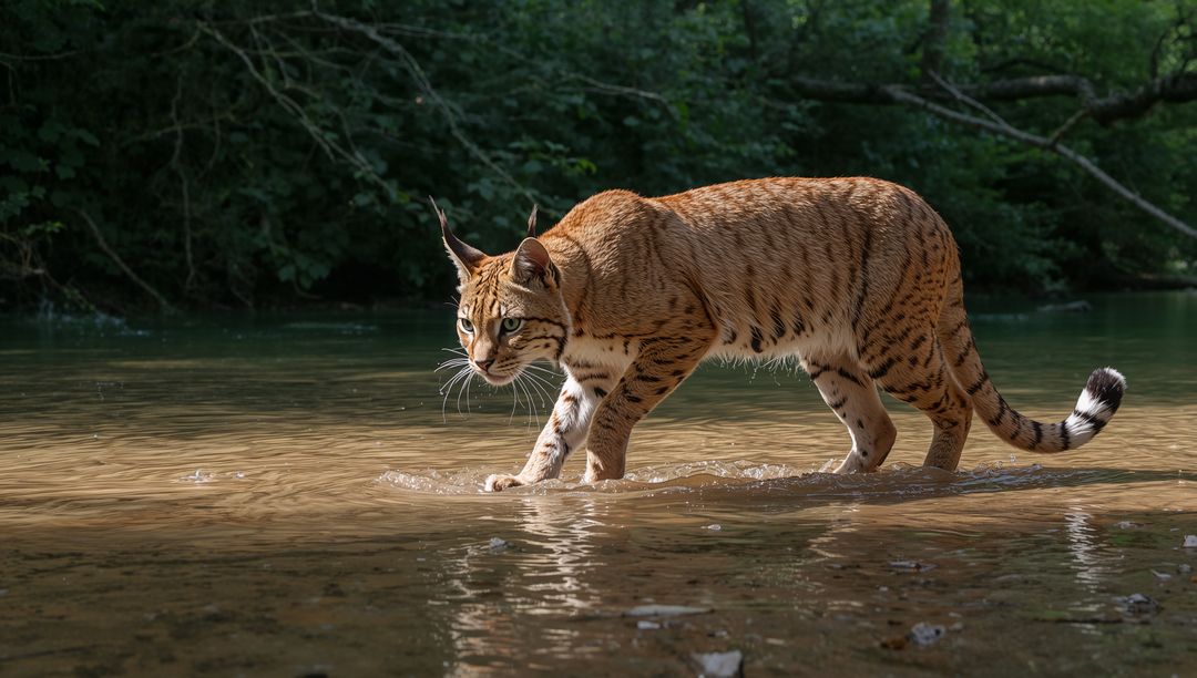 Wild felid wading through shallow woodland stream creating ripples and reflections