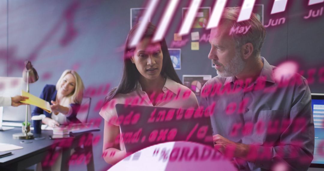 Business Team Analyzing Timeline on Digital Display in Modern Office