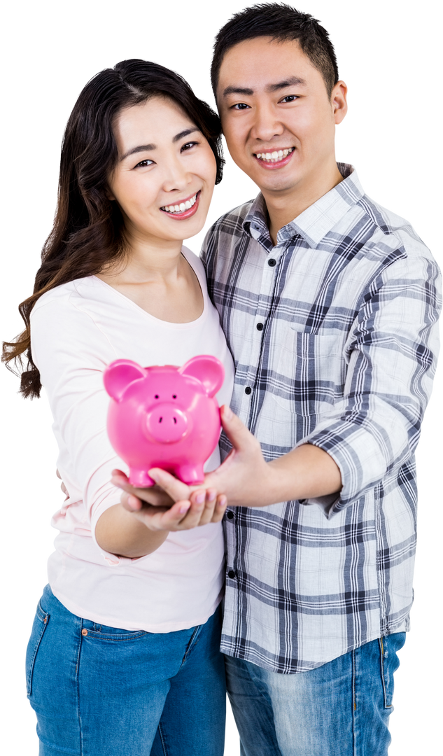 Smiling Couple Holding Pink Piggy Bank Transparent Financial Savings Concept - Download Free Stock Images Pikwizard.com