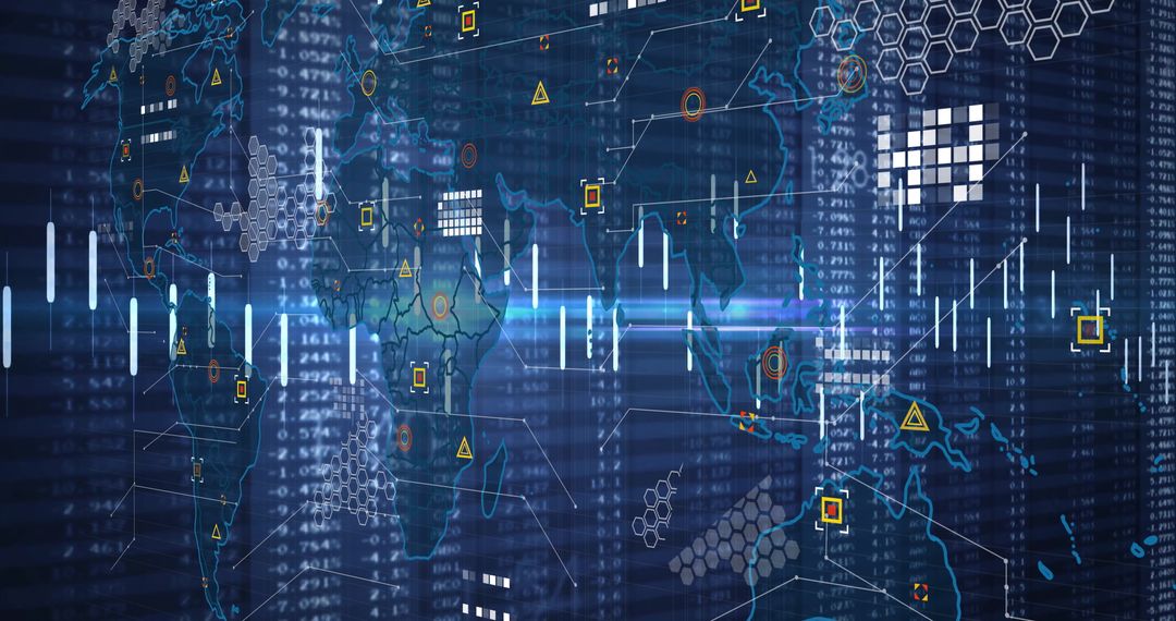 Futuristic Digital World Map with Data Visualization Overlay