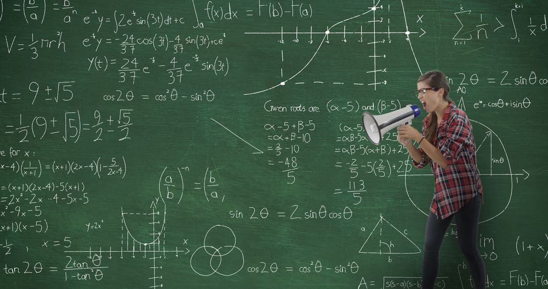 A woman yells into a megaphone against a backdrop of dynamic math equations on a blackboard. - Free Images, Stock Photos and Pictures on Pikwizard.com
