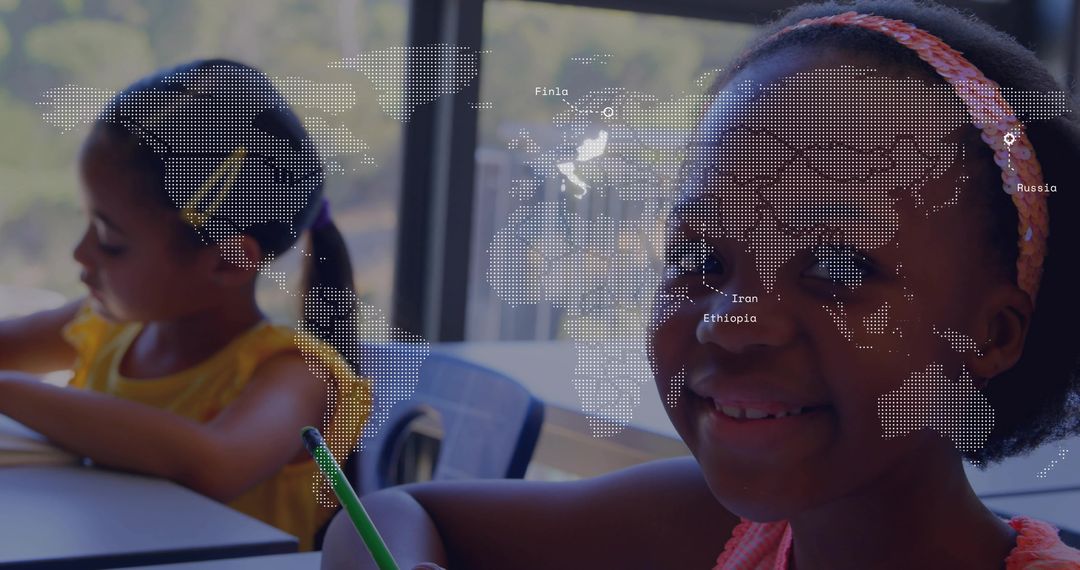 Smiling schoolgirl holding green pencil in classroom with dotted world map overlay