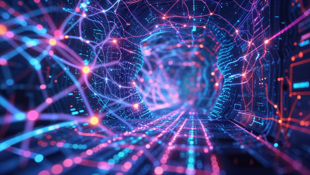Futuristic Cyber Network: Glowing Data Tunnel and Neon Patterns