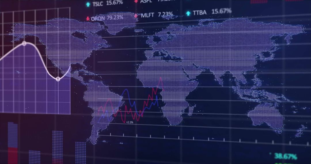 Global Stock Market Data Over Digital World Map