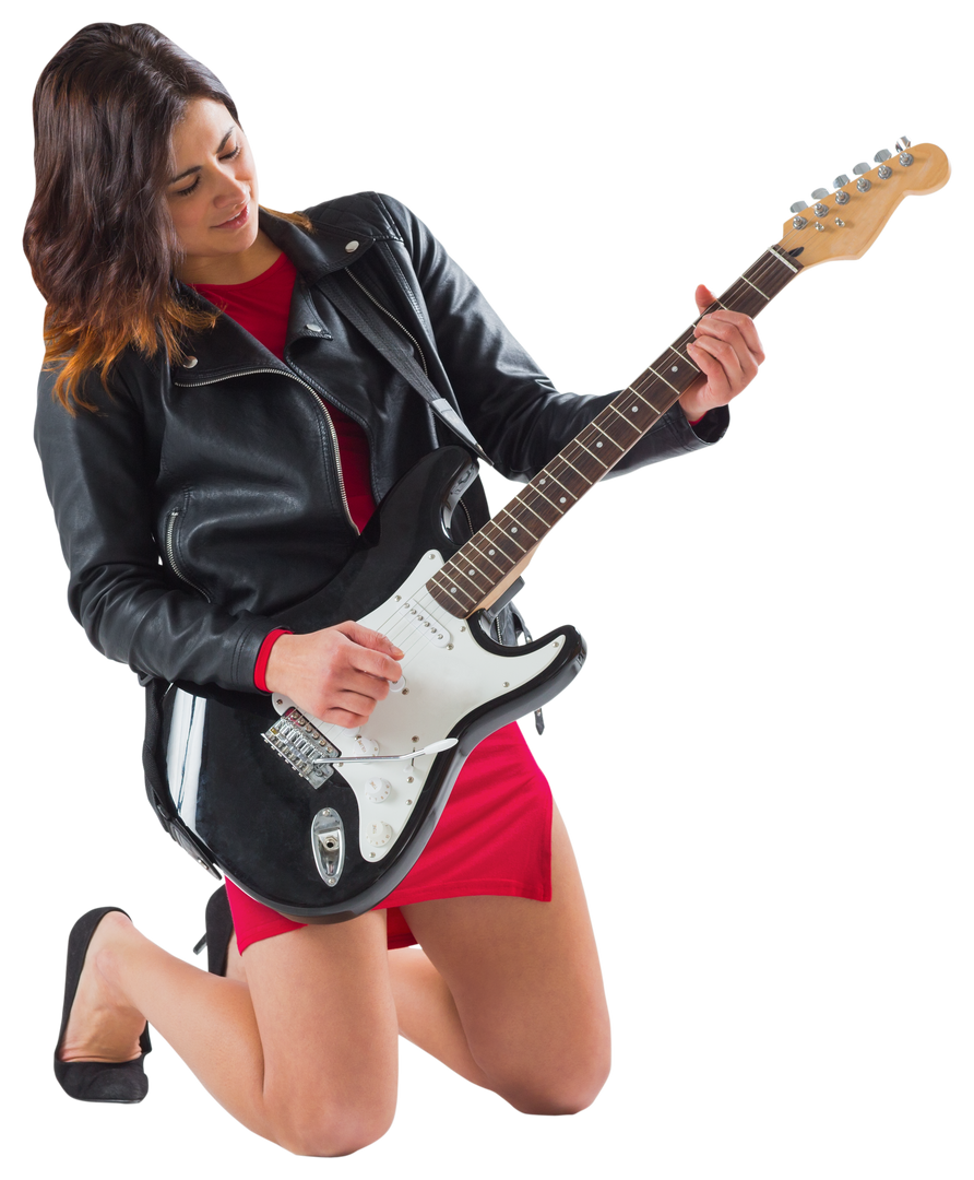 Brunette Rocker in Leather Jacket Playing Electric Guitar on Transparent Background - Download Free Stock Images Pikwizard.com