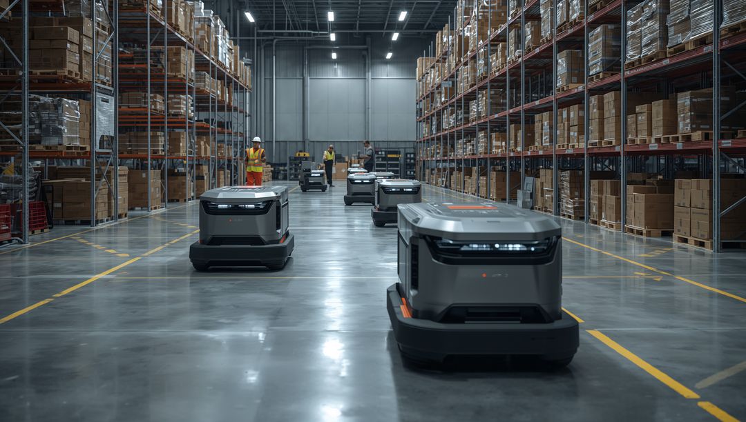 Autonomous mobile robots navigating warehouse aisles with workers overseeing logistics