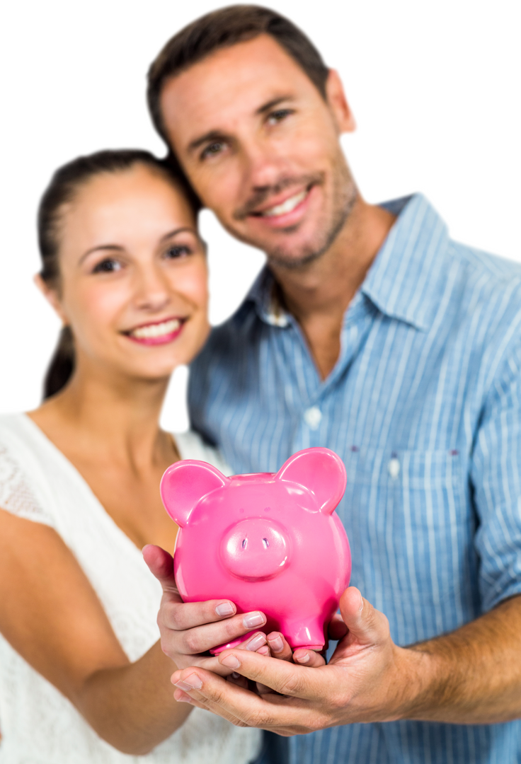 Happy Couple Holding Piggy Bank Against Isolated White Background - Download Free Stock Images Pikwizard.com