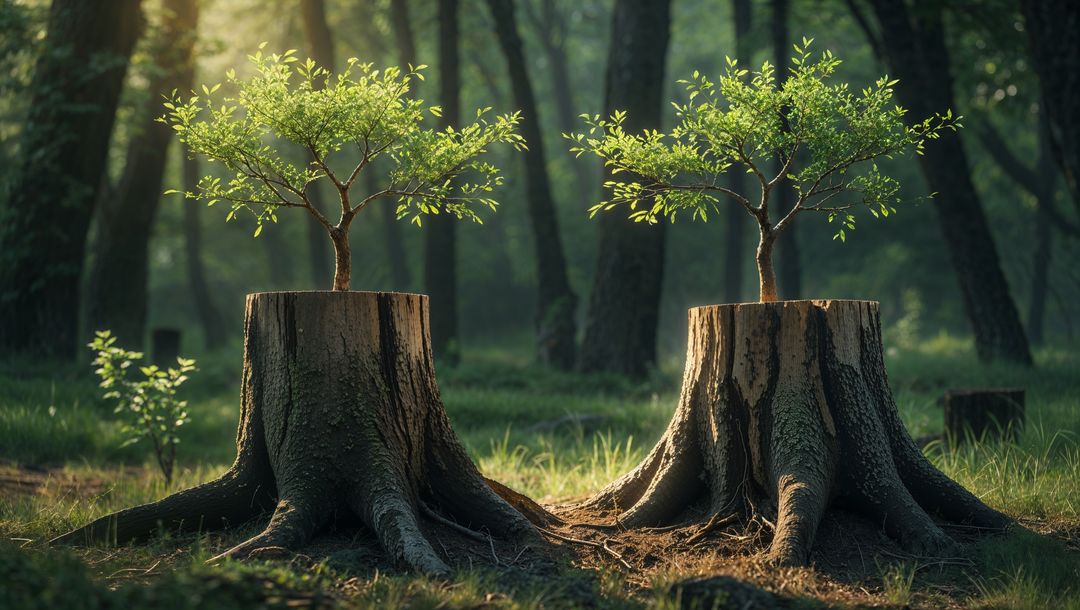 Saplings Growing on Tree Stumps in Forest Clearing