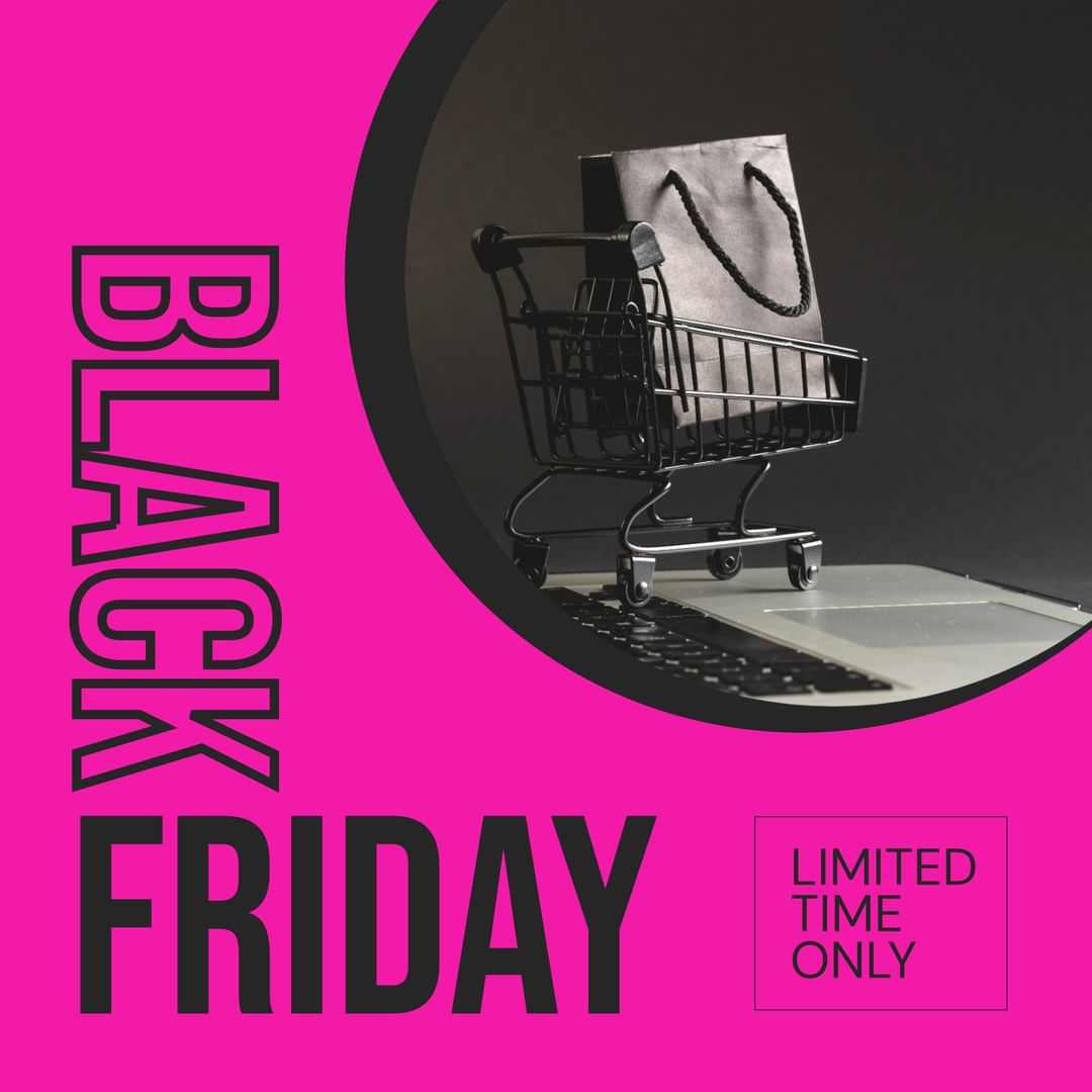 Black Friday Promotion with Shopping Cart and Bag on Laptop