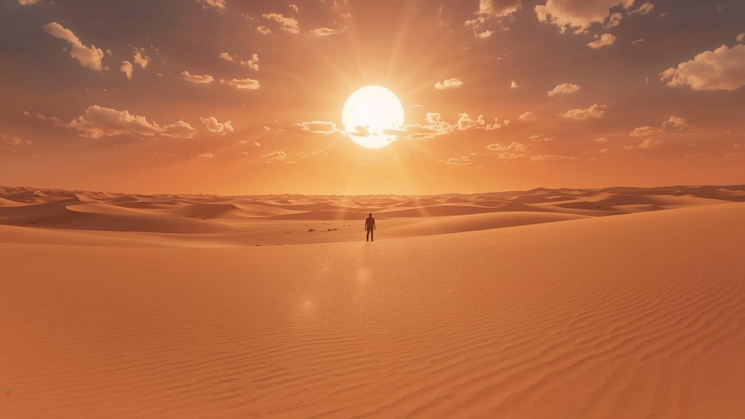 Solitary Adventurer in Golden Desert at Suns. Desc.