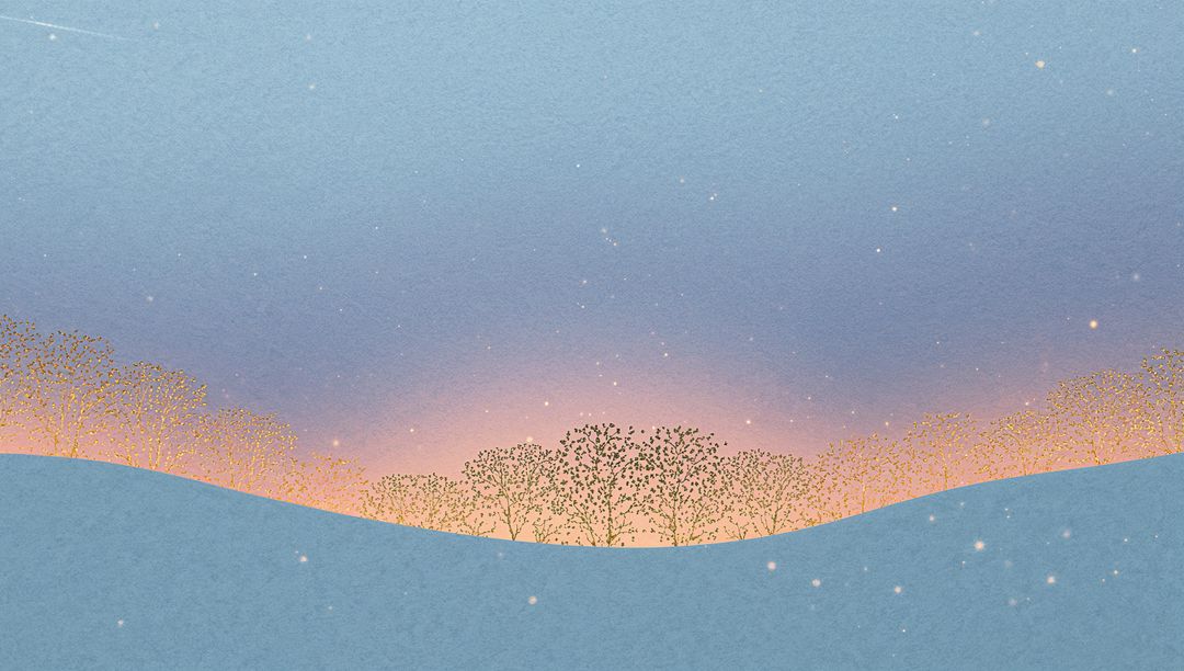 Twilight Snow Hills with Golden Treeline Glowing Against Pastel Gradient Sky