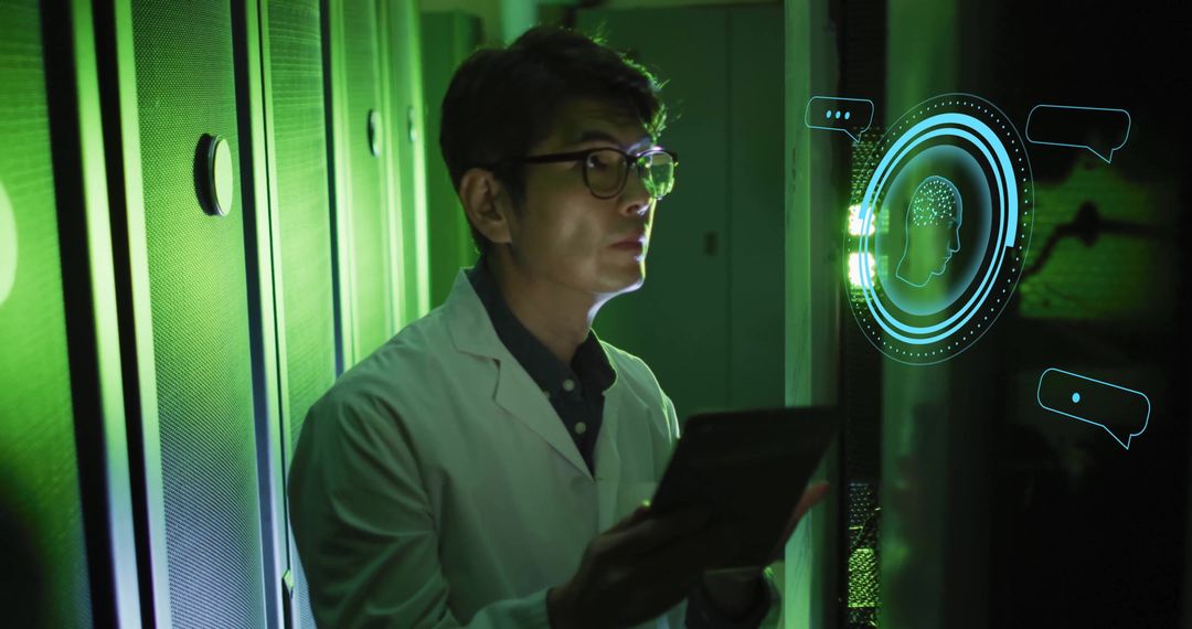 IT Specialist Analyzing AI Data in Server Room