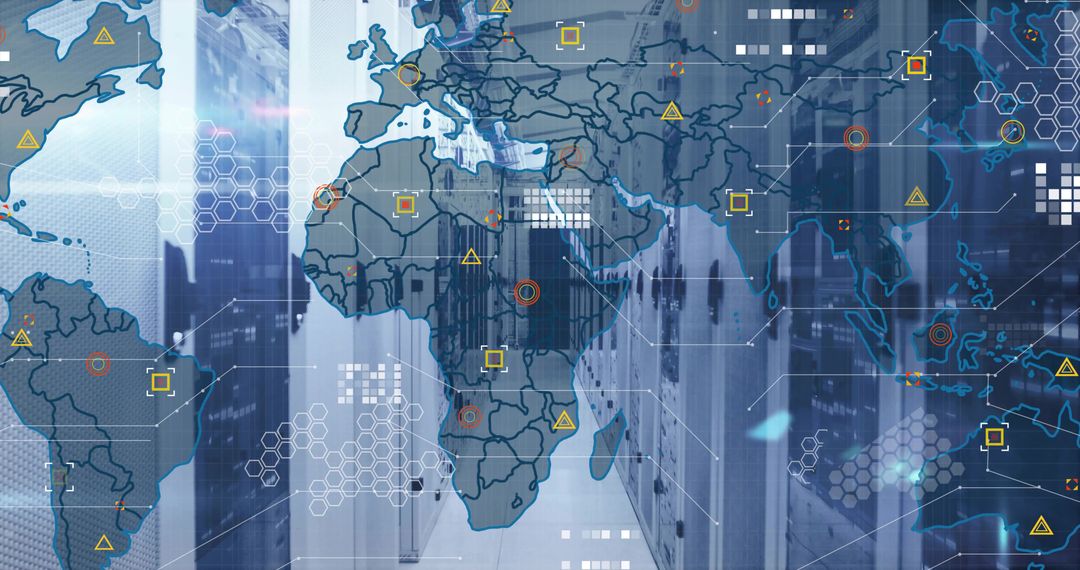 World Map Overlay on Server Room Symbolizing Global Technology Network