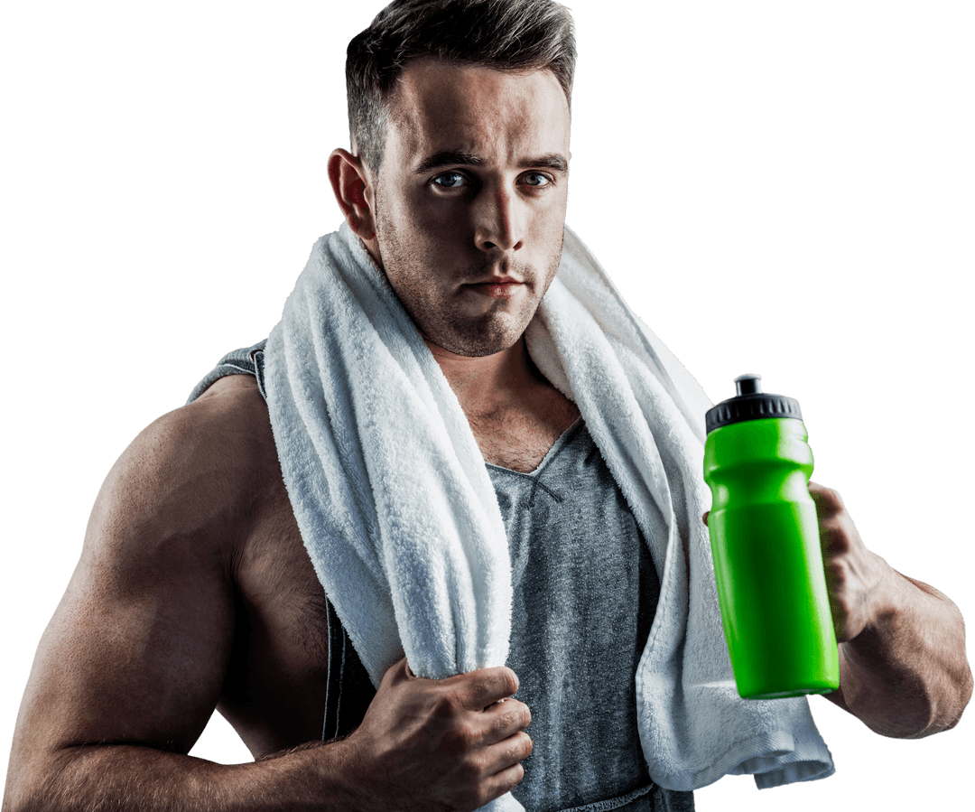 Transparent Bodybuilder Holding Towel and Bottle Post-Workout