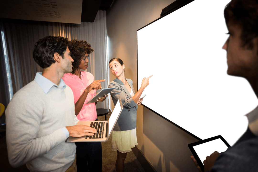 Diverse Team Brainstorming in Modern Office with Transparent Display