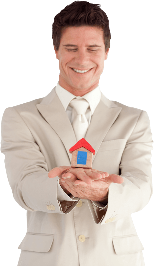 Confident Businessman Holding Small House Model Transparent Background