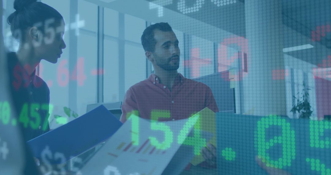 Colleagues Analyzing Financial Data with Digital Stock Overlay
