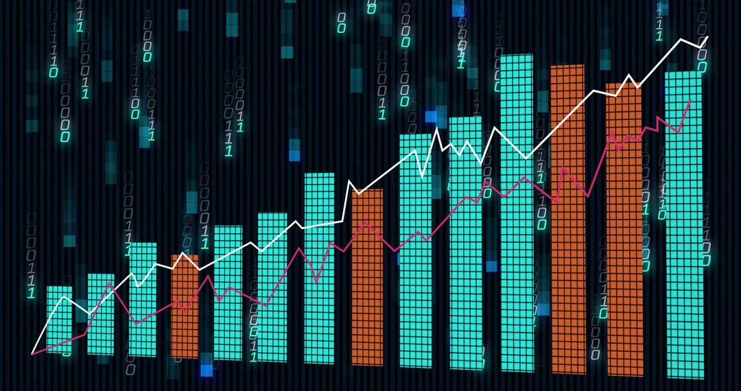 Digital Data Visualization with Binary Grid and Colorful Bar Line Chart