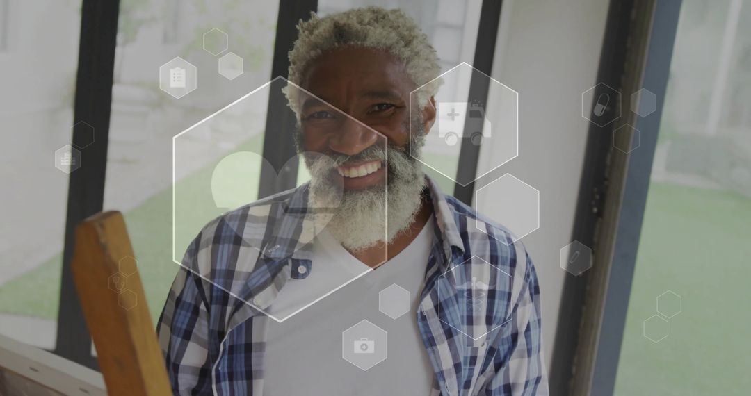 Elderly Man Enjoying Modern Sunroom with Tech Background