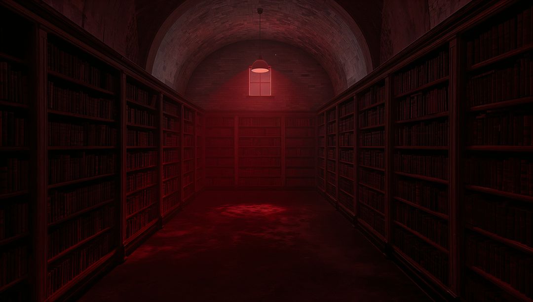 Subterranean Library Corridor Bathing in Red Light under Vaulted Brick Arch