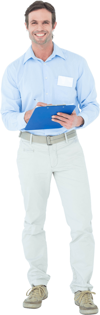 Confident Businessman Smiling Holding Clipboard on Transparent Background